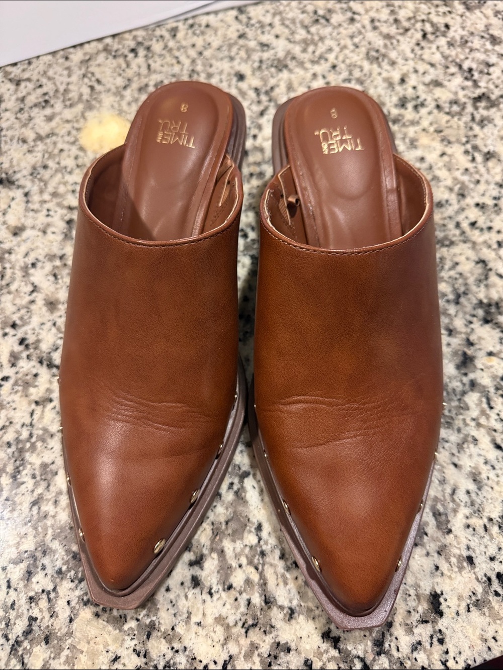 Time and Tru Tan Pointed Toe Studded Mule Slip-On